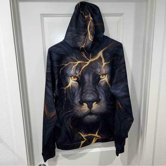 LIGHTNING TIGER Hoodie Adult size XXL Black ALL OVER PRINT Sweatshirt pullover - Picture 4 of 4